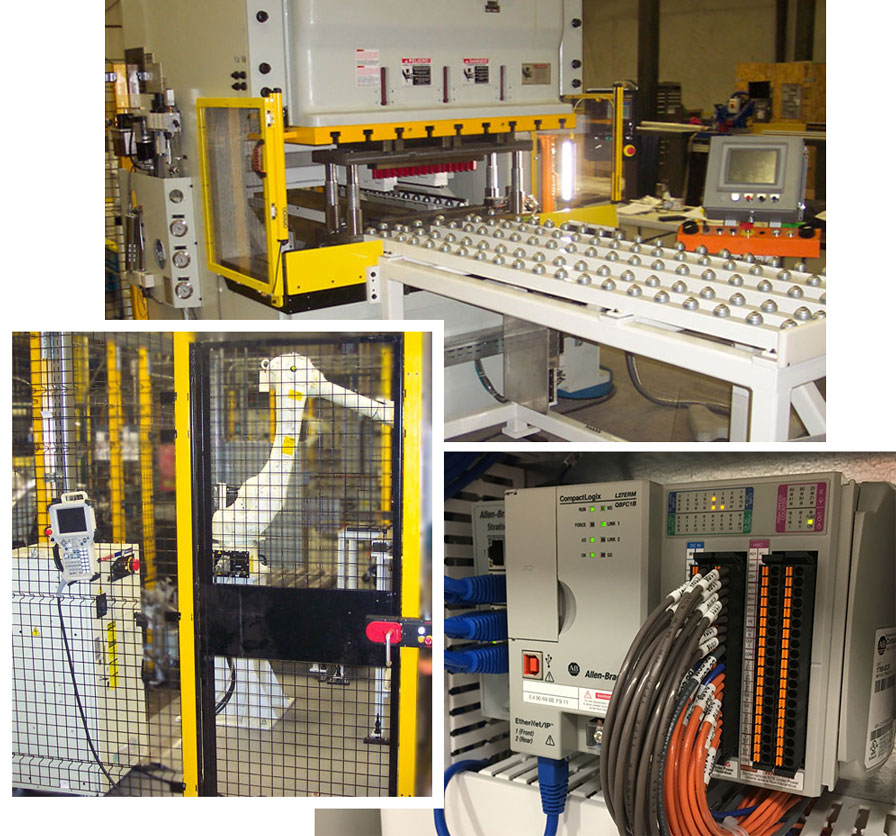 Collage of an automated punch press process controls, an integrated Kawasaki Robot used for material handling and machine tendering, and PLC Controls, programmable controller, PAC